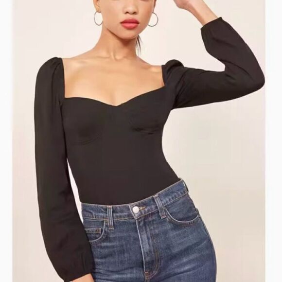 Reformation Reign Black Crop Top Blouse Size 2 - Picture 4 of 10